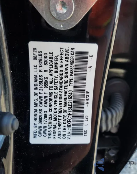 2020 Honda Civic Exl from USA, damaged, VIN 19XFC1F73LE216240
